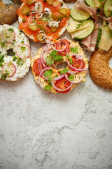 Homemade Bagel sandwiches with different toppings, salmon, cottage cheese, hummus, ham, radish
