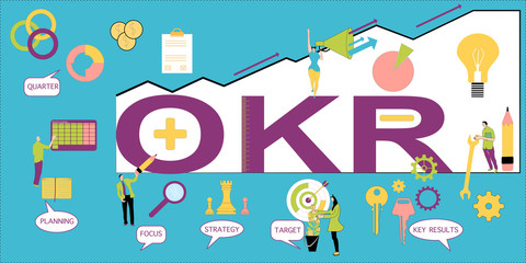 OKR (Objectives and key results) word  vector illustration with icons for business,team people,target, focus,planning and quarter.Growth curve with arrows strategy,speaker with megaphone in flat style