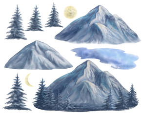 Watercolor mountains, spruce, sky, trees, moon isolated on white background. hand painted. Wallpapers. Greeting card design. Clip art. Digital art.