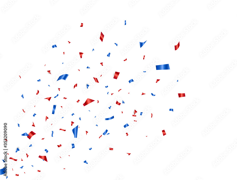 Wall mural Confetti blue and red splash. Glitter color confetti falling on white background. Happy Independence Day decoration. Party backdrop. Usa banner. Holiday design elements. Vector illustration