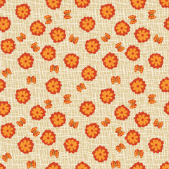Orange flowers and butterflies seamless vector pattern. Rustic surface print design for fabrics, stationery and packaging.