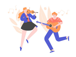 Guitarist and violinist. Musicians play together. Concert show. Vector flat illustration.