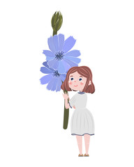Cute cartoon girl in a simple dress carries a large chicory branch with two blue flowers in her hands. Wildflowers. Children's vector illustration