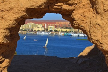 City Skyline from behind a rock in top of a mountain in Aswan