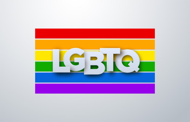 LGBTQ paper sign on rainbow flag background. Vector illustration. Human rights or diversity concept. LGBT event banner design.