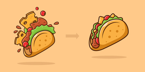 Stages of cooking a taco on an isolated background. Beautiful cartoon flat illustration. Suitable for Web Landing Page, Banner, Flyer, Sticker, Card. The ingredients turn into a beautiful taco.