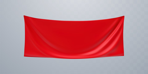 Red textile advertising banner mockup. Vector 3d illustration. Hanging wrinkled fabric. Stretched canvas. Folded sheet. Template for placing ads