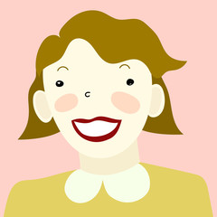 Cute  smiling woman. Woman's  portrait on the pink background in hand drawn style. Vector illustration. Cute childish  portrait.