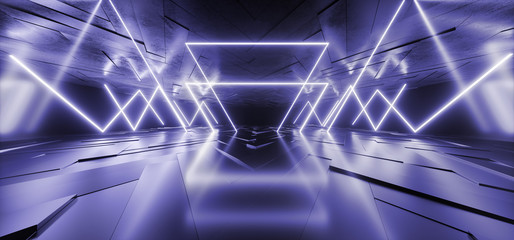 Abstract Sci Fi Neon Futuristic Synth Cyber Virtual Glowing White Blue Lights Dance Stage Night Underground Tunnel Corridor Metal Tiles Reflective  Laser Background 3D Rendering