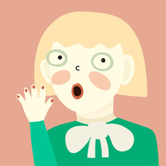 Funny portrait of a surprised girl in glasses. Strange girl in a childish style. Vector minimalistic illustration .