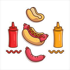 Hot Dog Ingredients Vector Icon Illustration. Beautiful flat cartoon style with stroke Suitable for Web Landing Page, Banner, Flyer, Sticker, Card. Disassembled tacos with all products. 