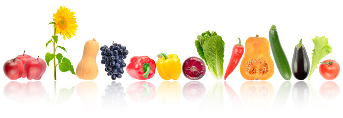 Bright ripe vegetables and fruits with reflection isolated on white