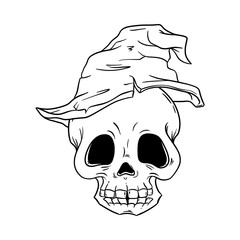 Skull in old witch hat hand drawn art for Day of the dead, Dia de los Muertos traditional Mexican party, Halloween, rock or gothic print, evil face, horror graphic, pirate pattern, tattoo illustration