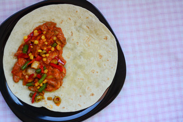 Mexican tacos with vegetables and meat. Ingredient for cooking tacos al pastor on wooden background. Top view