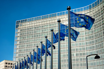 European EU flags in front of the Berlaymont building, headquarters of the European commission in...