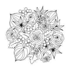 Flower  bouquet - floral mix. Vector coloring page– Flower bouquet. Coloring book page. Hand-drawn illustration for coloring.