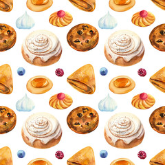 seamless pattern,  sweet biscuits and buns on an isolated white background, watercolor illustration