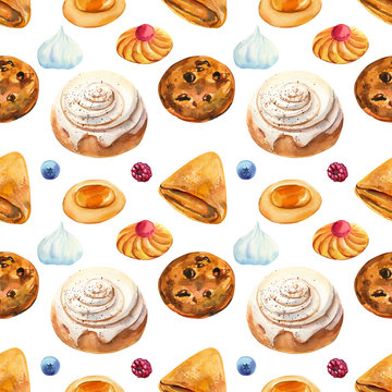 seamless pattern,  sweet biscuits and buns on an isolated white background, watercolor illustration