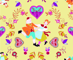 Swedish folkart flower and dancers seamless design