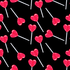 Red lollipop hearts on a black background. Candy seamless pattern design for packaging, paper, textile.