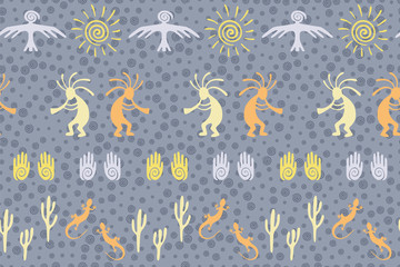 Obraz premium Folk, design with gecko, Kokopelli fertility god, sun, bird, cacti.