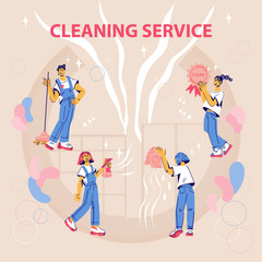 Fototapeta na wymiar Cleaning service concept design for web banner and infographic with cleaners women and men at work. Janitors team service for office and home, poster or flyer template. Cartoon vector illustration.