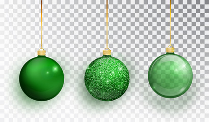 Green Christmas tree toy set isolated on a transparent background. Stocking Christmas decorations. Vector object for christmas design, mockup. Vector realistic object Illustration 10 EPS.