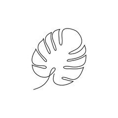 Monstera leaf in art line style. Continuous one line art drawing tropical palm vector illustration isolated.