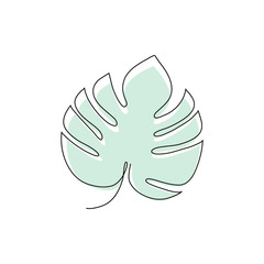 Monstera leaf in art line style. Continuous one line art drawing tropical palm vector illustration isolated.