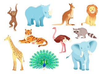 Cartoon character animals set Isolated on white background. Funny zoo shapes. Vector illustration object. Flat collection Rhinoceros kangaroo Ostrich tiger lion elephant monkey giraffe raccoon