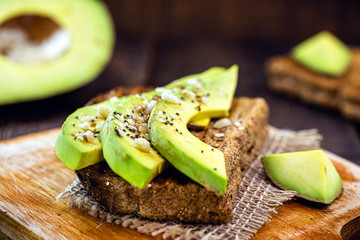 avocado for breakfast, sliced ​​on toasted brown bread.