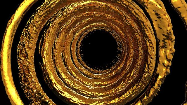 Gold liquid flows with splashes around sphere with attraction to its center with alpha channel. Separated on pure black background.