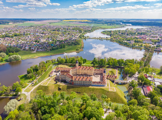 Fototapeta na wymiar Flying above Nesvizh Castle in Belarus. Drone aerial photo