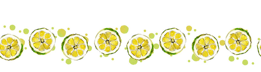 Seamless border of watercolour painted lemons, isolated on white. For stationary, invitations, cards, scrapbooking, duct tape and packaging design.