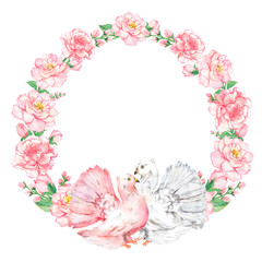 Watercolor composition with pink flowers and doves, floral wreath