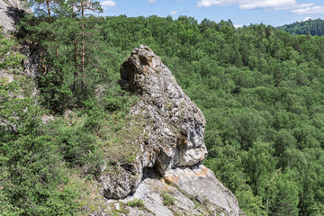 Scenery landscape with green forest and high rocky mountain under clear blue sky