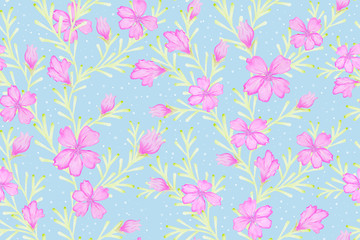 Fototapeta na wymiar Watercolor seamless pattern with delicate flowers of violet color.