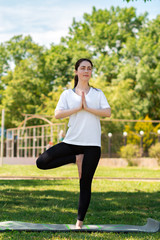 Yoga. A young slim woman stands in a tree asana, doing yoga in a Park on the grass. The concept of healthy lifestyle and sports. Vertical