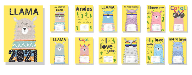 Cute monthly calendar of 2021 with a llama, cactus, inscriptions in the Scandinavian children's style. For web, banners, posters, labels and print.
