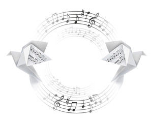 Round decorative frame with Origami doves with musical notes. 
Stylized illustration of paper pigeons and  circle  with musical notes. Poetic musical motif. Place for your text. Vector available.