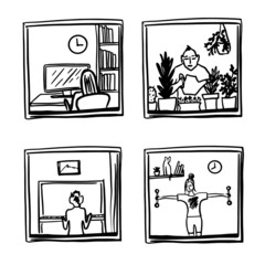 Simple sketch of people staying at home. Illustration of hobbies: musician, design, gardening, sports. Window view, interior. For theme of isolation, disability, home activities, health. Black line.