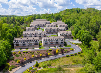 Obraz premium Panorama of a townhome development at Cheat Lake from aerial drone shot near Morgantown, West Virginia