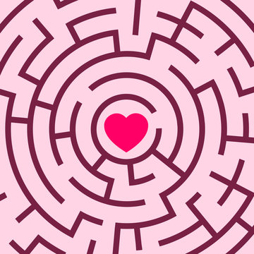 Romantic love heart in the center of the labyrinth - difficulty, problem and troble to find love, romance and amorous affection. Vector illustration