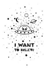 Black and white postcard with stars and aliens