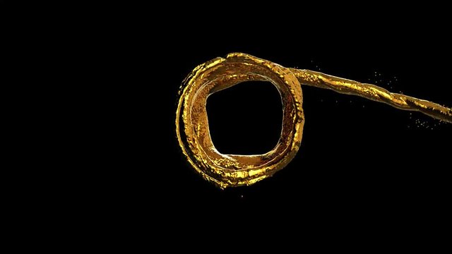 Gold liquid flows with splashes around sphere with attraction to its center with alpha channel. Separated on pure black background.