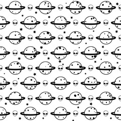Black and white seamless pattern with planets, aliens and stars