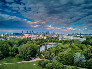 A beautiful panoramic view of the sunset in a fabulous evening on Szczesliwice Park - a former village, currently a housing estate in the Ochota district in Warsaw, Poland