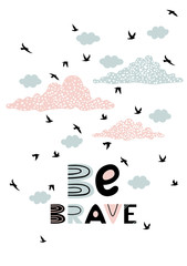 Obraz premium Postcard with flying birds and clouds