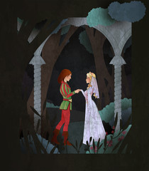 Prince and Princes fairy tale book cover illustration. Couple of character in front of magic forest. © Black Spring