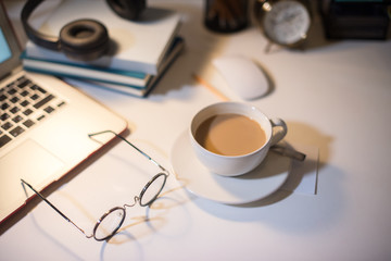 White home working place with computer lap top